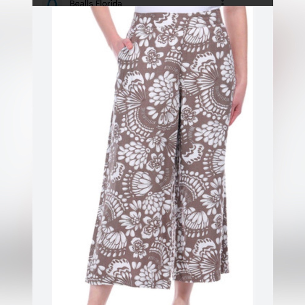 Dash Linen Floral Patterned Cropped Pants in Brown and White
